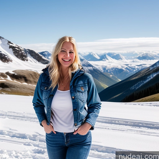 ai nude image of blond woman standing in the snow with a mountain in the background pics of Model One Perfect Boobs 40s Fairer Skin Happy Long Hair Front View Jeans Jacket Mountains Blonde Swedish