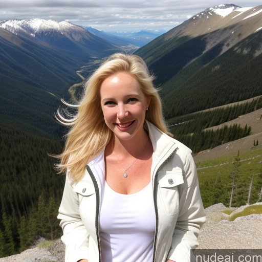 ai nude image of blond woman standing on a mountain top with a view of a valley pics of Model One Perfect Boobs 40s Fairer Skin Happy Long Hair Front View Jeans Jacket Mountains Blonde Swedish