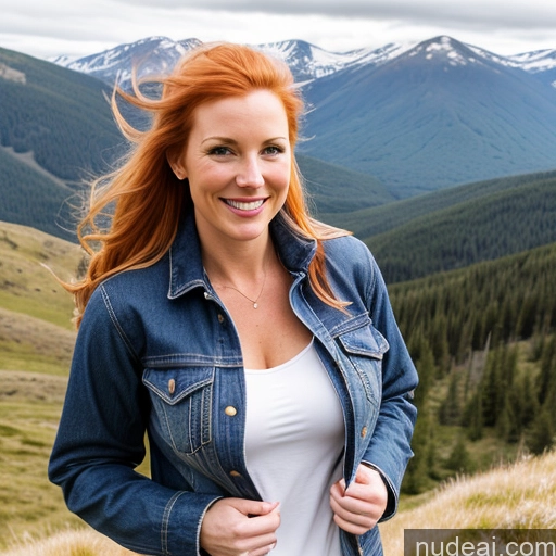 ai nude image of smiling woman in denim jacket standing in front of a mountain range pics of Model One Perfect Boobs 40s Fairer Skin Happy Long Hair Front View Jeans Jacket Mountains Blonde Irish Lumberjack