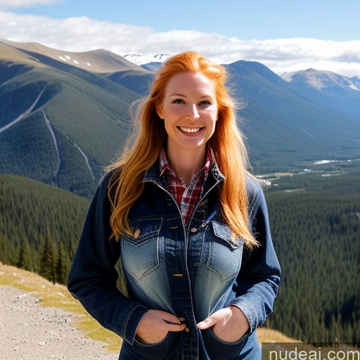 ai nude image of smiling woman in denim jacket standing on a mountain top pics of Model One Perfect Boobs 40s Fairer Skin Happy Long Hair Front View Jeans Jacket Mountains Blonde Irish Lumberjack