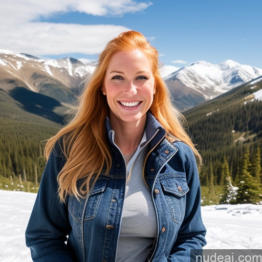 ai nude image of smiling woman in denim jacket standing in snow with mountains in background pics of One Perfect Boobs 40s Fairer Skin Happy Long Hair Front View Jeans Jacket Mountains Blonde Irish Lumberjack Cleavage Athlete