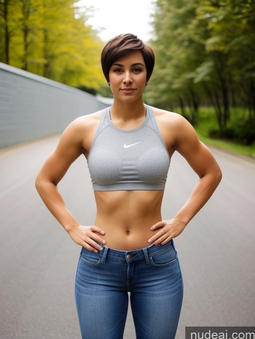 ai nude image of arafed woman in a sports bra top standing on a road pics of Athlete Big Ass Big Hips Short Hair Jeans Front View