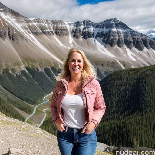 ai nude image of blonde woman standing on a mountain top with a view of a valley pics of Woman One Perfect Boobs Fairer Skin 40s Long Hair Mountains Front View Jeans Jacket Blonde Happy Swedish