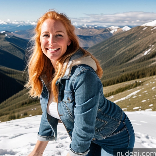 ai nude image of smiling woman in denim jacket on snowy mountain with mountains in background pics of Woman One Perfect Boobs Fairer Skin 40s Long Hair Mountains Front View Jeans Jacket Blonde Happy Irish