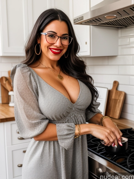 ai nude image of there is a woman in a dress standing in a kitchen pics of Woman Glasses Lipstick 30s Happy Black Hair Long Hair Spanish Kitchen Front View Boots Dress Cleavage Jewelry Bright Lighting