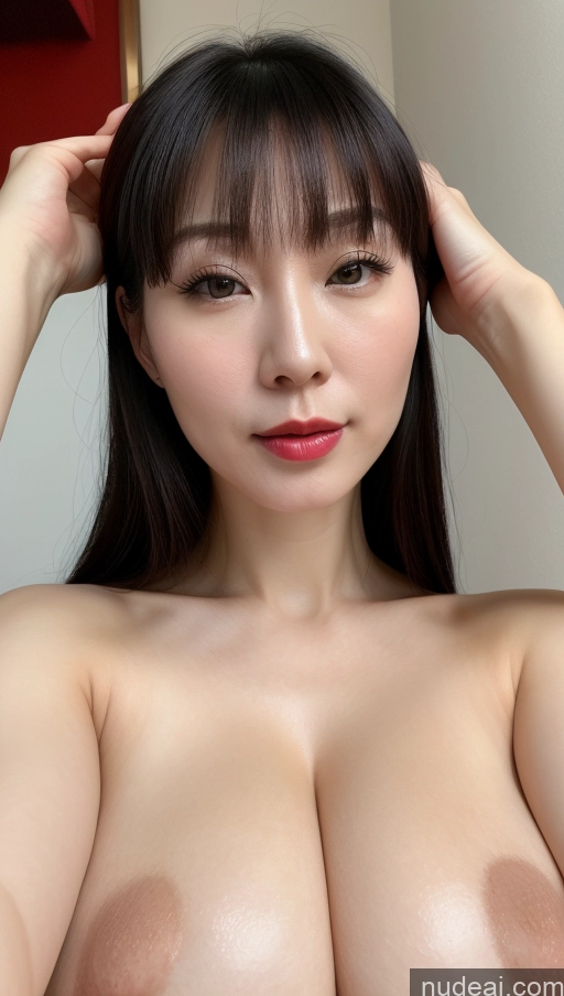 ai nude image of arafed asian woman with big breast posing for a picture pics of Woman One Beautiful Lipstick Fairer Skin Simple Detailed Huge Boobs 30s Close-up View Black Hair Chinese Bangs