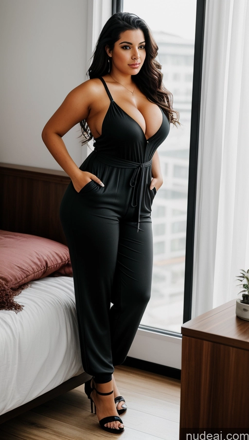 ai nude image of araffe woman in black jumpsuit posing in front of a window pics of Busty Perfect Boobs Big Ass Thick 18 Sexy Face Seductive Messy Portuguese Jumpsuit Bedroom Front View Black Hair