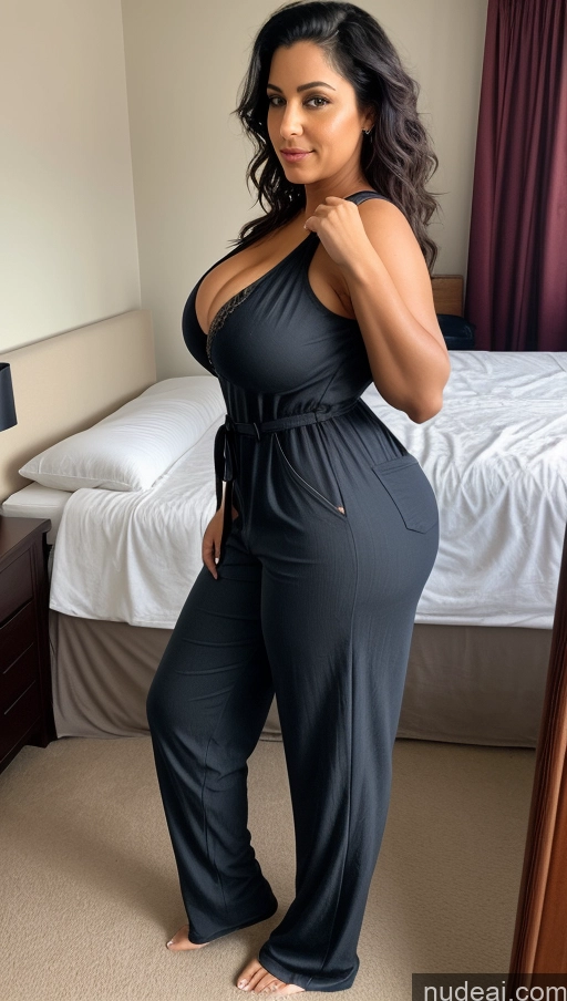 ai nude image of araffe woman in a black jumpsuit posing in a bedroom pics of Busty Perfect Boobs Big Ass Thick Sexy Face Seductive Messy Portuguese Bedroom Black Hair Jeans Side View 40s Jumpsuit