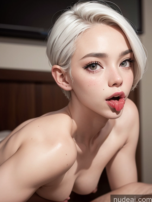 ai nude image of blond woman with white hair sticking out her tongue on a bed pics of Close-up View Sorority Asian Small Tits Small Ass Skinny Blowjob Pixie 18 Seductive White Hair