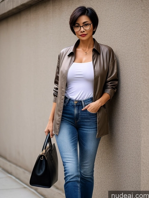 ai nude image of arafed woman leaning against a wall with a handbag and purse pics of Milf Perfect Boobs Perfect Body Beautiful Glasses Sexy Face Short Hair Chinese Blouse Bra Casual Jacket Jeans High Heels Stylish Shirt Tunic Partially Nude Dark Lighting Detailed