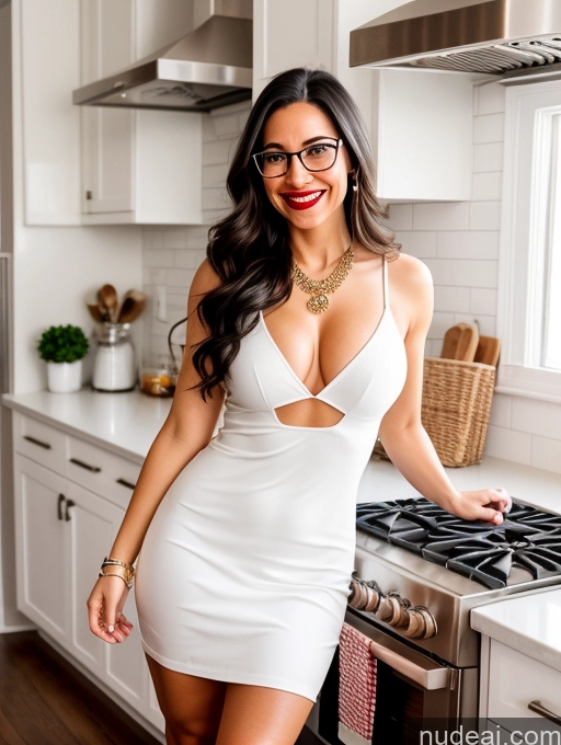 ai nude image of araffe woman in a white dress posing in a kitchen pics of Woman Glasses Lipstick Long Hair 30s Happy Black Hair Spanish Kitchen Front View Boots Dress Cleavage Jewelry Bright Lighting