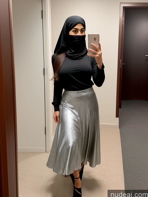 ai nude image of woman wearing a black top and silver skirt taking a selfie pics of Woman One Perfect Boobs Big Ass Skinny Long Hair 18 Seductive Brunette Straight Latina Mirror Selfie Hat Long Skirt Niqab Professor