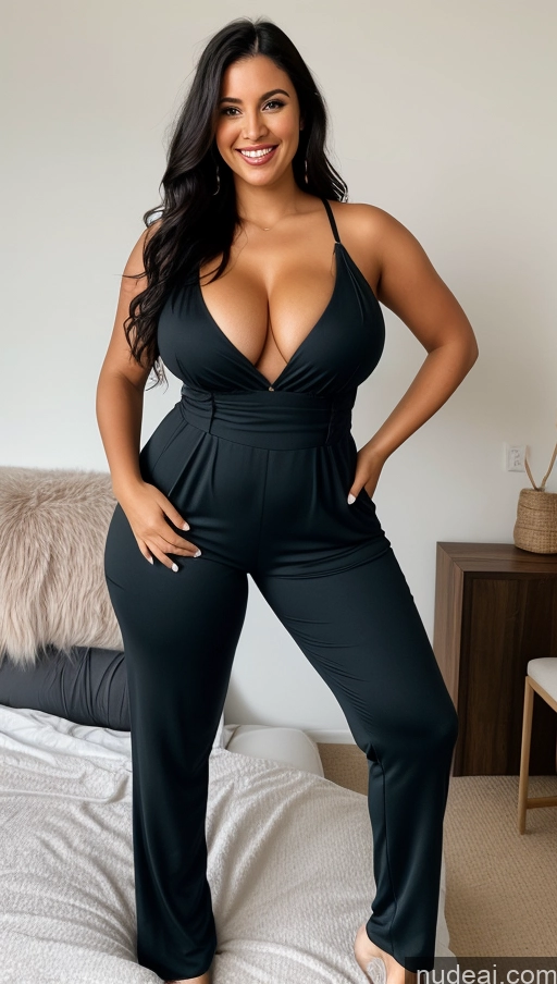 ai nude image of a woman in a black jumpsuit posing on a bed pics of Perfect Boobs Big Ass Sexy Face Happy Hungarian Thick Perfect Body Front View Bedroom 30s Black Hair Jumpsuit Messy