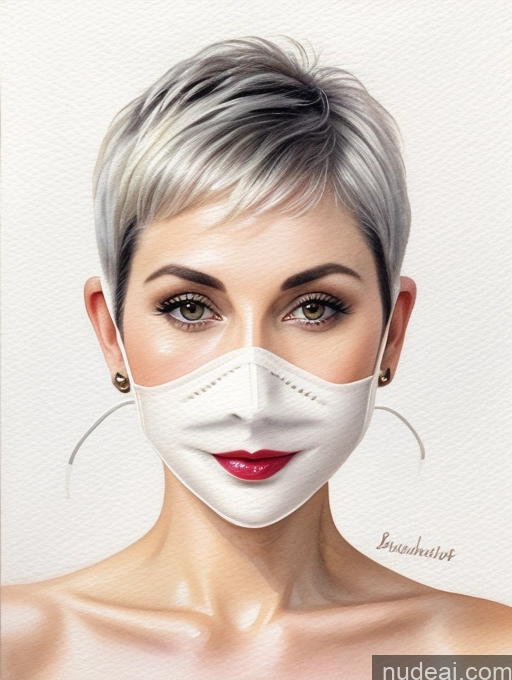 ai nude image of arafed woman with a white mask and red lipstick pics of Fairer Skin White Lipstick Black Hair Pixie Milf 30s Face Mask Nude Watercolor