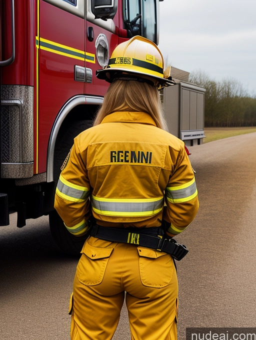 ai nude image of araffe standing in front of a fire truck on a road pics of Woman One Perfect Boobs Big Ass Big Hips Perfect Body 18 Blonde British Long Hair Back View Firefighter