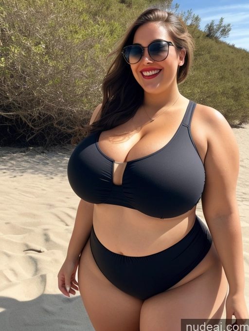 ai nude image of araffe woman in a black bikini and sunglasses on a beach pics of Woman One Huge Boobs Busty Lipstick Sunglasses Big Ass Chubby Thick Fat Big Hips 20s Happy Brunette Ponytail White Beach Crop Top