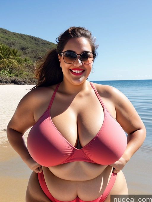 ai nude image of araffe woman in a pink bikini posing on the beach pics of Woman One Huge Boobs Busty Lipstick Sunglasses Big Ass Chubby Thick Fat Big Hips 20s Happy Brunette Ponytail White Beach Crop Top