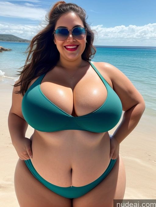 ai nude image of araffe woman in a green bikini posing on the beach pics of Woman One Huge Boobs Busty Lipstick Sunglasses Big Ass Chubby Thick Fat Big Hips 20s Happy Brunette Ponytail White Beach Crop Top