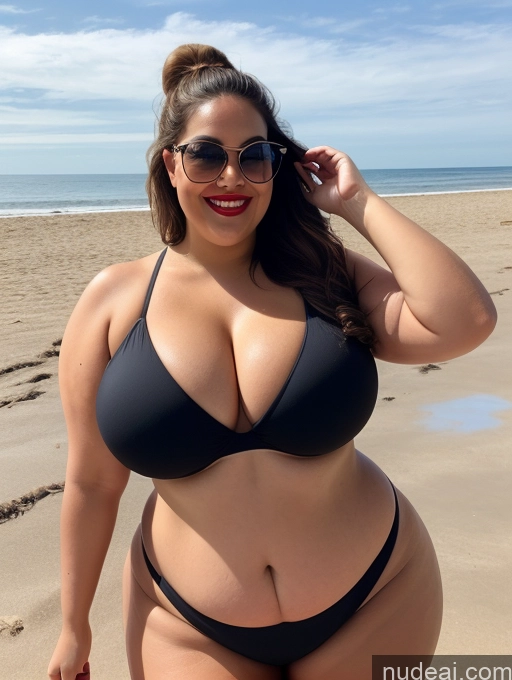 ai nude image of araffe woman in a black bikini posing on the beach pics of Woman One Huge Boobs Busty Lipstick Sunglasses Big Ass Chubby Thick Fat Big Hips 20s Happy Brunette Ponytail White Beach Crop Top