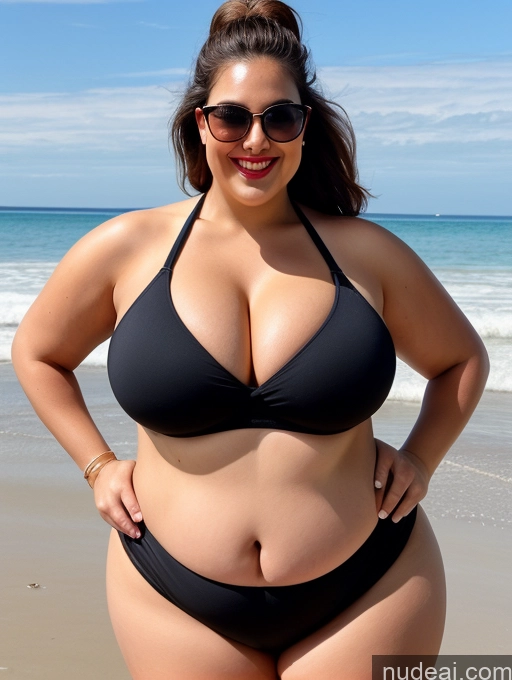 ai nude image of araffe woman in a black bikini posing on the beach pics of Woman One Huge Boobs Busty Lipstick Sunglasses Big Ass Chubby Thick Fat Big Hips 20s Happy Brunette Ponytail White Beach Crop Top