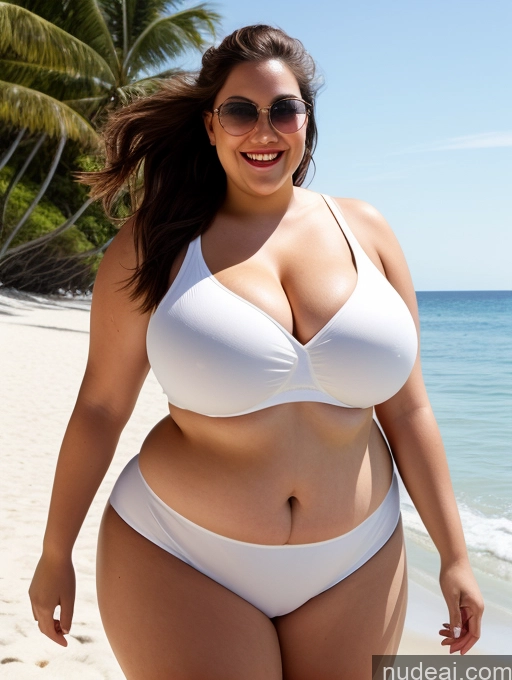 ai nude image of araffe woman in white bikini walking on beach with palm trees pics of Woman One Huge Boobs Busty Lipstick Sunglasses Big Ass Chubby Thick Fat Big Hips 20s Happy Brunette Ponytail White Beach Crop Top