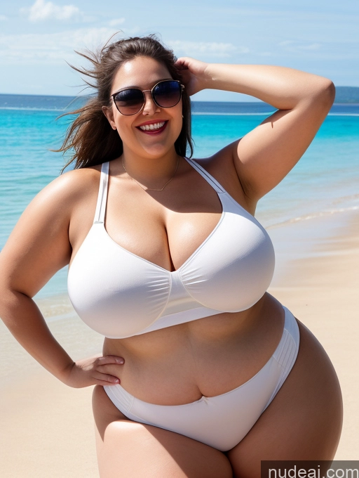 ai nude image of araffe woman in white bikini posing on beach with sunglasses pics of Woman One Huge Boobs Busty Lipstick Sunglasses Big Ass Chubby Thick Fat Big Hips 20s Happy Brunette Ponytail White Beach Crop Top