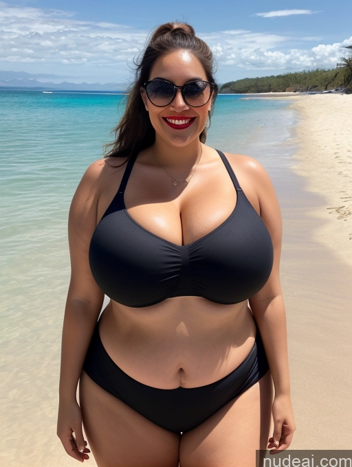 ai nude image of araffe woman in a black bikini standing on a beach pics of Woman One Huge Boobs Busty Lipstick Sunglasses Big Ass Chubby Thick Fat Big Hips 20s Happy Brunette Ponytail White Beach Crop Top