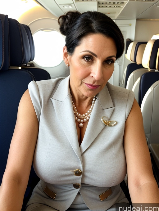 ai nude image of woman in a gray suit sitting on a plane looking at the camera pics of Huge Boobs Short Skinny Pregnant 50s Shocked Black Hair Hair Bun Jewish Flight Attendant Pearl Jewelry Milf