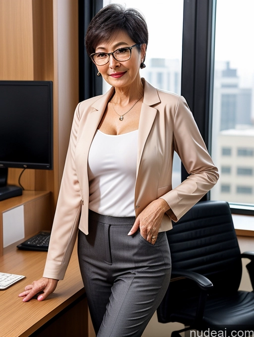 ai nude image of woman in business attire standing in front of a desk with a computer pics of Milf Perfect Boobs Beautiful Glasses Perfect Body Sexy Face Short Hair Chinese Blouse Bra Casual Stylish Detailed Jacket Jeans Secretary Professor Suit Nude Dark Lighting Cleavage 70s Office