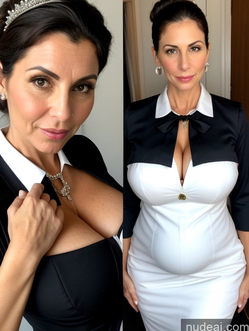 ai nude image of there are two pictures of a woman in a white dress and a woman in a black dress pics of Huge Boobs Short Skinny Pregnant 50s Shocked Black Hair Hair Bun Jewish Flight Attendant Pearl Jewelry Milf Dress