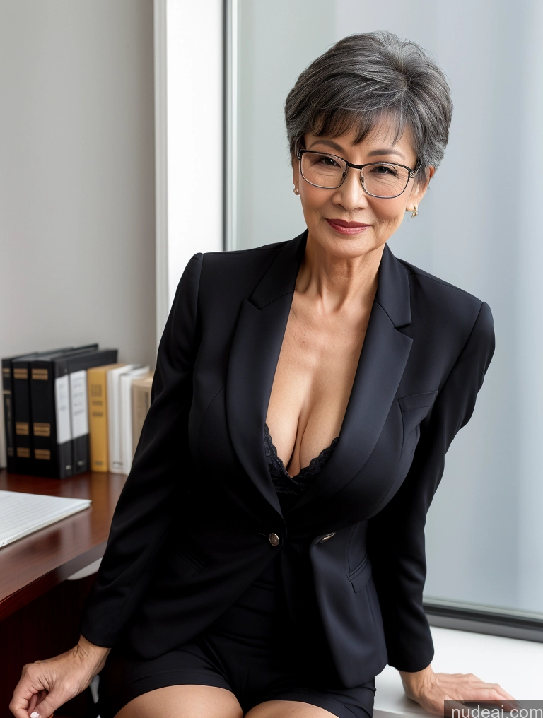 ai nude image of there is a woman in a suit sitting at a desk pics of Milf Perfect Boobs Perfect Body Beautiful Glasses Pixie Chinese Blouse Bra Jacket Suit Stylish Cleavage Dark Lighting Detailed Partially Nude Secretary Professor Office 70s