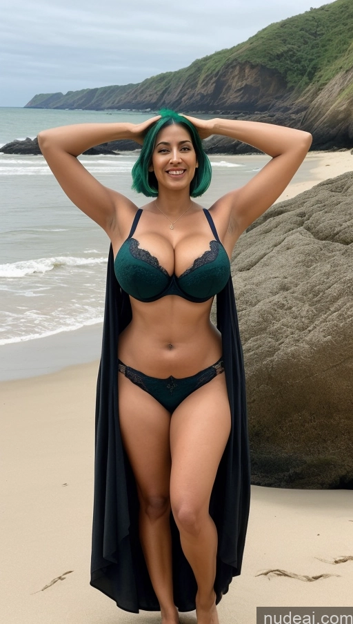 ai nude image of araffe woman in a bikini and cape on a beach pics of Milf Busty Beautiful Tattoos Big Ass Big Hips Tall Dark Skin Sexy Face Pixie Indian Front View T-pose Witch Perfect Body Beach 50s Bra Huge Boobs Long Skirt Green Hair Laughing