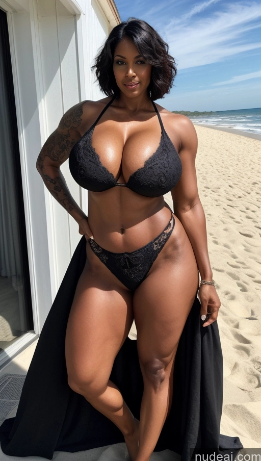 ai nude image of a woman in a black bikini and black jacket posing on the beach pics of Milf Busty Beautiful Tattoos Muscular Big Ass Abs Big Hips Tall Perfect Body Dark Skin 40s Indian Beach Front View T-pose Bikini Long Skirt Detailed Sexy Face Huge Boobs Seductive Short Hair Black Hair