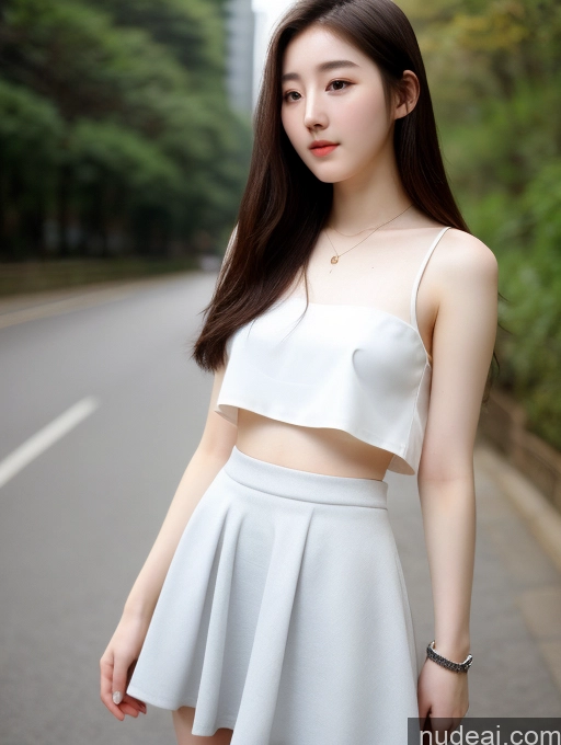 ai nude image of arafed asian woman in a white top and skirt standing on a street pics of Several Small Tits Skinny Beautiful Fairer Skin 18 Long Hair Black Hair Korean Undressing Another Micro Skirt