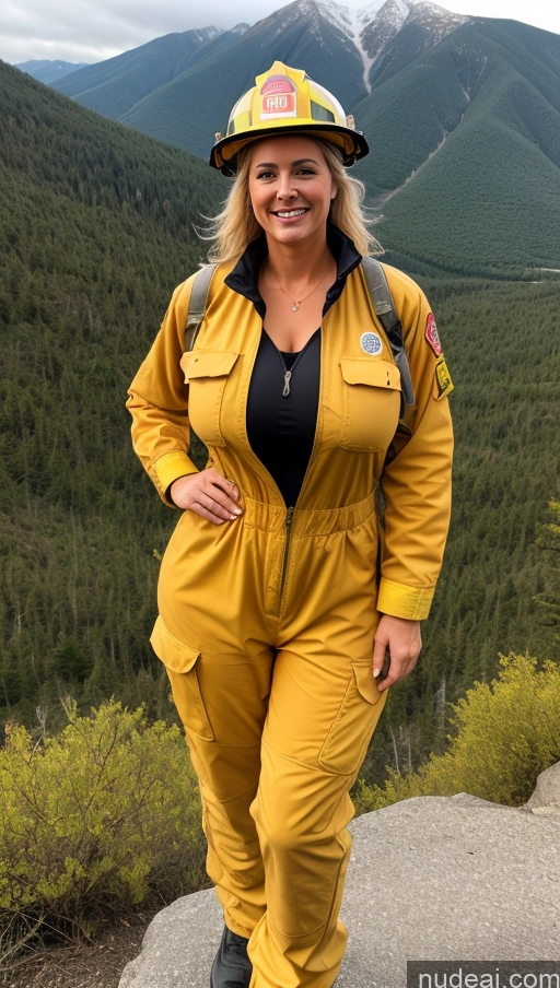 ai nude image of arafed woman in a yellow fire suit and helmet standing on a rock pics of Busty Perfect Boobs Big Ass Messy Sexy Face Jumpsuit Thick 40s Perfect Body White Hair Mountains Close-up View Firefighter