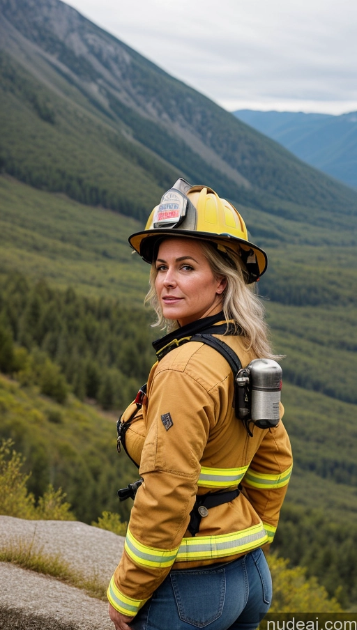 ai nude image of arafed woman in a firefighter's uniform standing on a rock pics of Busty Perfect Boobs Big Ass Messy Sexy Face Thick 40s Perfect Body White Hair Mountains Close-up View Firefighter Jeans