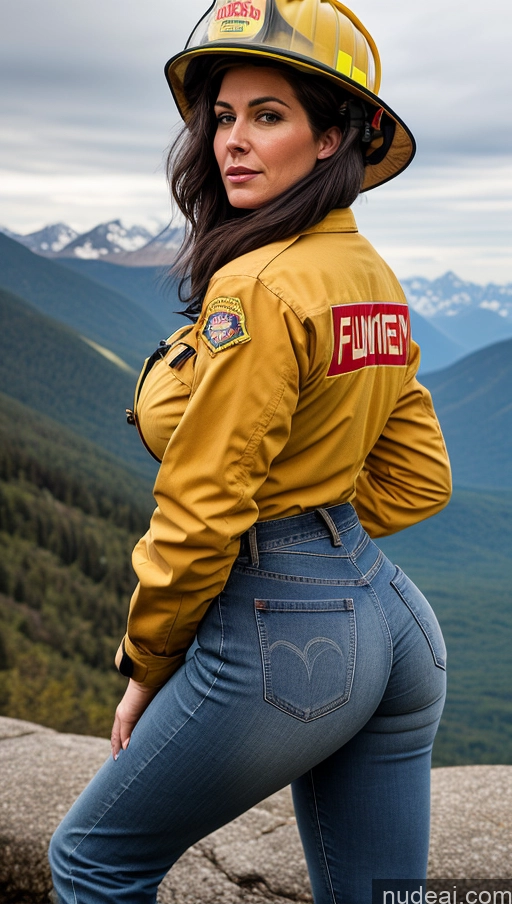 ai nude image of araffe wearing a firefighter uniform and a helmet on a rock pics of Busty Perfect Boobs Big Ass Messy Sexy Face Thick 40s Perfect Body White Hair Mountains Close-up View Firefighter Jeans