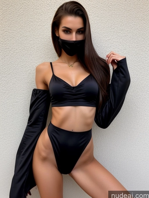 ai nude image of a woman in a black bikini and mask posing for a picture pics of Model Small Tits Lipstick Small Ass Pubic Hair Tall 18 Perfect Body Beautiful Skinny Ninja