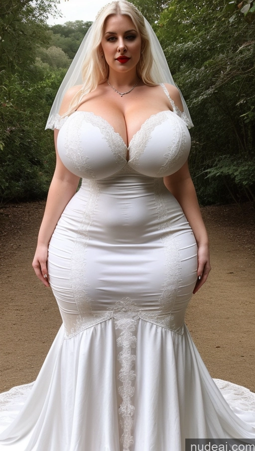 ai nude image of a woman in a wedding dress posing for a picture in a wooded area pics of Huge Boobs Perfect Boobs Busty Lipstick Big Ass Perfect Body Big Hips Fairer Skin White Hair Victorian Dress British Wedding