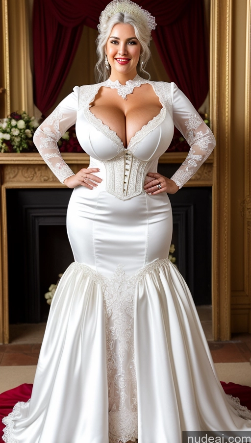 ai nude image of arafed woman in a white wedding dress posing for a picture pics of Huge Boobs Perfect Boobs Busty Lipstick Big Ass Perfect Body Big Hips Fairer Skin White Hair Victorian Dress British Wedding Happy