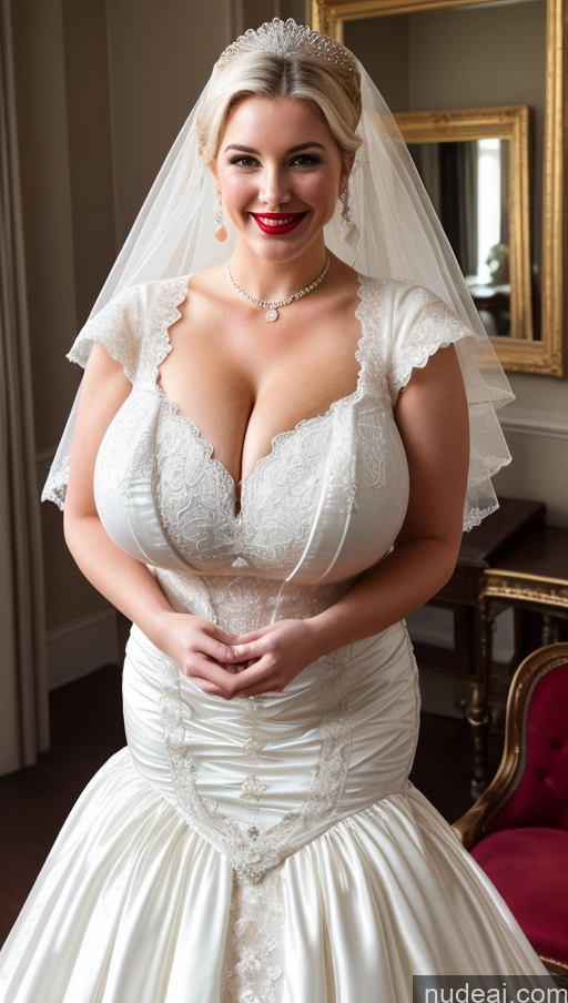 ai nude image of araffe bride in a wedding dress posing for a picture pics of Huge Boobs Perfect Boobs Busty Lipstick Big Ass Perfect Body Big Hips Fairer Skin White Hair Victorian Dress British Wedding Happy Bright Lighting 20s