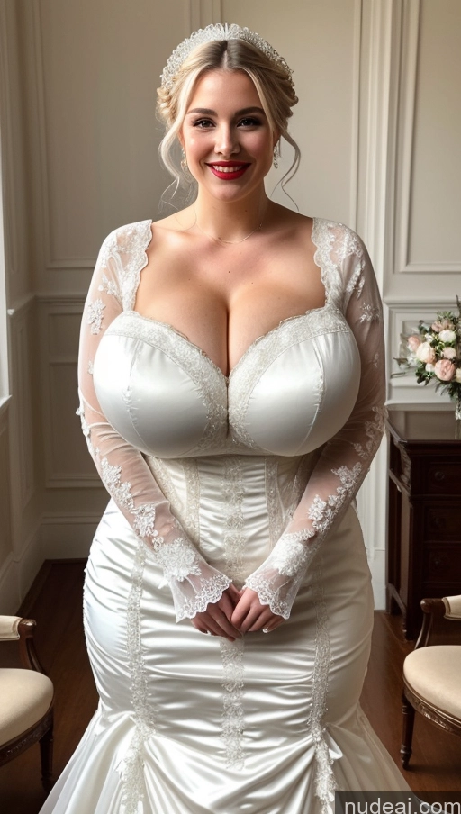 ai nude image of a close up of a woman in a wedding dress posing for a picture pics of Huge Boobs Perfect Boobs Busty Lipstick Big Ass Perfect Body Big Hips Fairer Skin White Hair Victorian Dress British Wedding Happy Bright Lighting