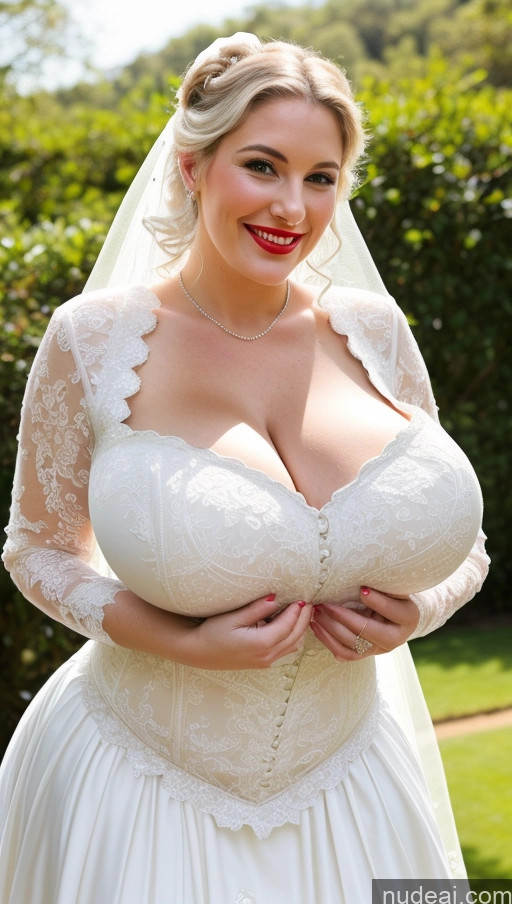 ai nude image of a close up of a woman in a wedding dress posing for a picture pics of Huge Boobs Perfect Boobs Busty Lipstick Big Ass Perfect Body Big Hips Fairer Skin White Hair Victorian Dress British Wedding Happy Bright Lighting Thick