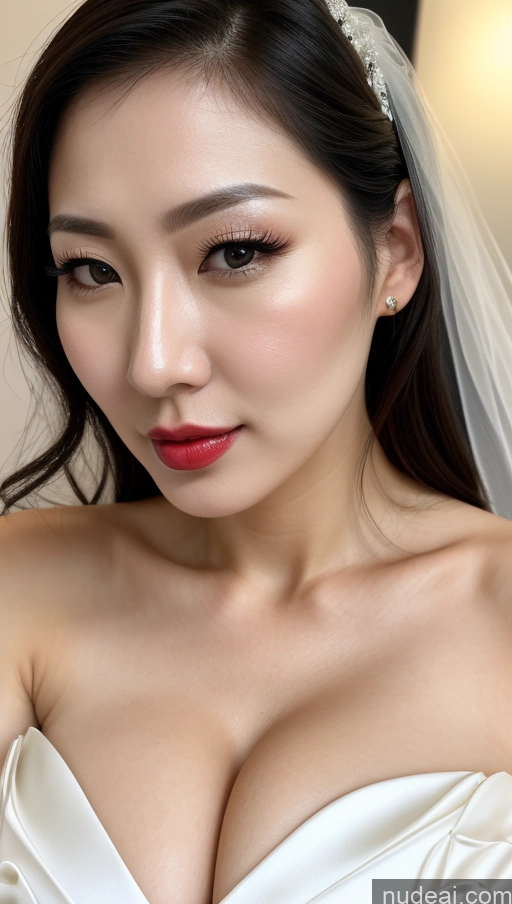 ai nude image of a close up of a woman wearing a wedding dress and a veil pics of Woman One Huge Boobs Beautiful Lipstick Fairer Skin 30s Black Hair Close-up View Simple Detailed Korean Slicked Wedding