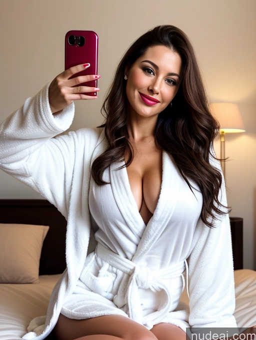 ai nude image of araffe woman in white robe taking a selfie on her cell phone pics of Woman One Busty 40s Seductive Pouting Lips Brunette Long Hair British Mirror Selfie Bedroom Happy Sexy Face Front View Bathrobe