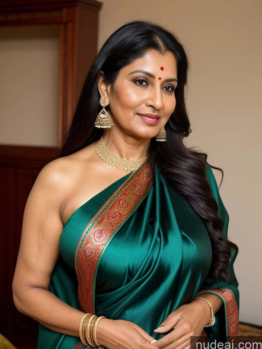 ai nude image of arafed woman in a green sari posing for a picture pics of Milf Busty 50s Black Hair Sexy Face Long Hair Indian Bedroom Close-up View Sari Traditional