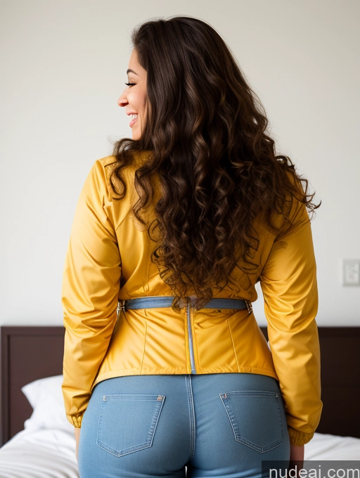 ai nude image of araffed woman in a yellow jacket and blue jeans standing on a bed pics of Busty Big Ass Big Hips 18 Happy Brazilian Bright Lighting Simple Brunette Messy Woman Back View Professor Jumpsuit Jacket Jeans