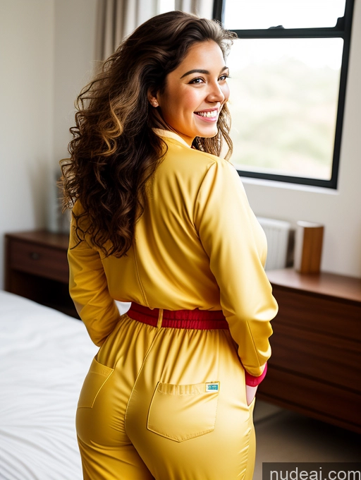 ai nude image of there is a woman in a yellow outfit standing in a bedroom pics of Busty Big Ass Big Hips 18 Happy Brazilian Bright Lighting Simple Brunette Messy Woman Back View Professor Jumpsuit Jacket Jeans