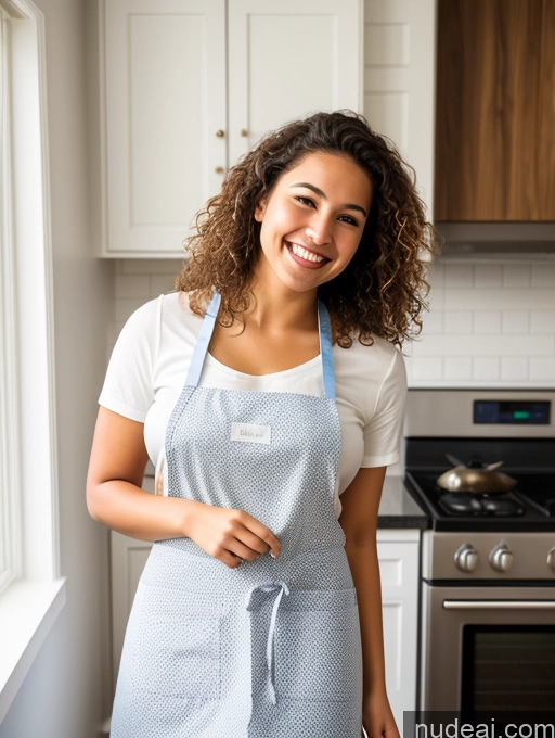 ai nude image of smiling woman in blue apron standing in kitchen with oven and window pics of Busty Big Ass Big Hips 18 Happy Brazilian Bright Lighting Simple Brunette Messy Woman Close-up View Apron