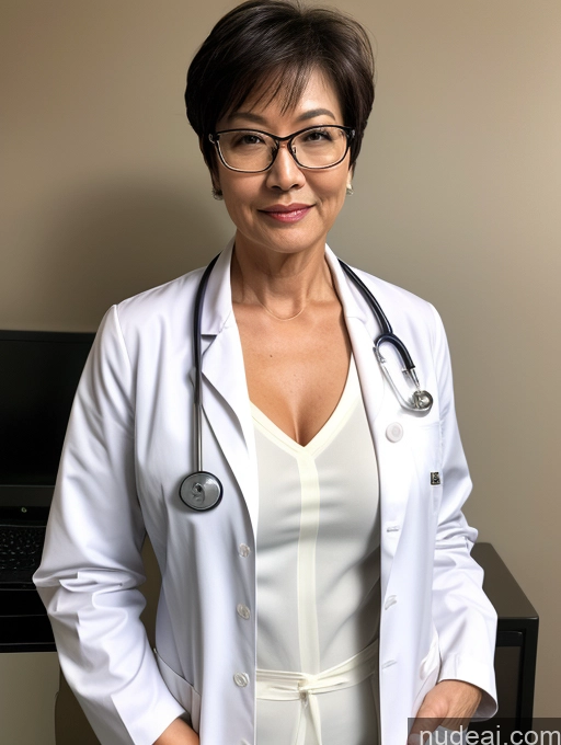 related ai porn images free for Milf Perfect Boobs Perfect Body Beautiful Glasses 60s Sexy Face Short Hair Doctor Bra Lab Coat Cleavage Dark Lighting Detailed Asian